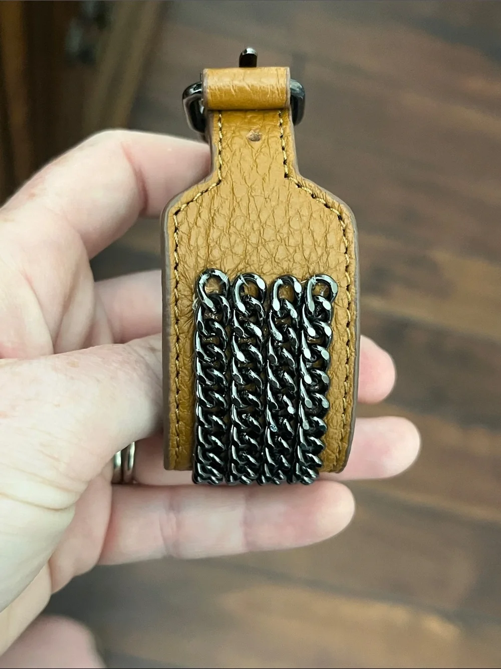 Brown Leather Chain-Accent Bracelet Cuff